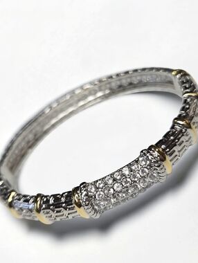 Luxury Two Tone Silver Gold Pave Zircon Crystal Hinged Bangle Bracelet